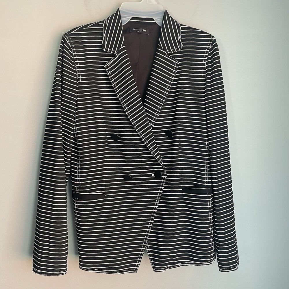 LAFAYETTE 148 Striped Blazer Sz 4 Devin Asymmetric Button Front Black Jacket